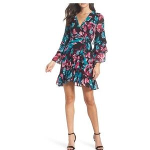 Charles Henry Wrap Tiered Sleeve Dress